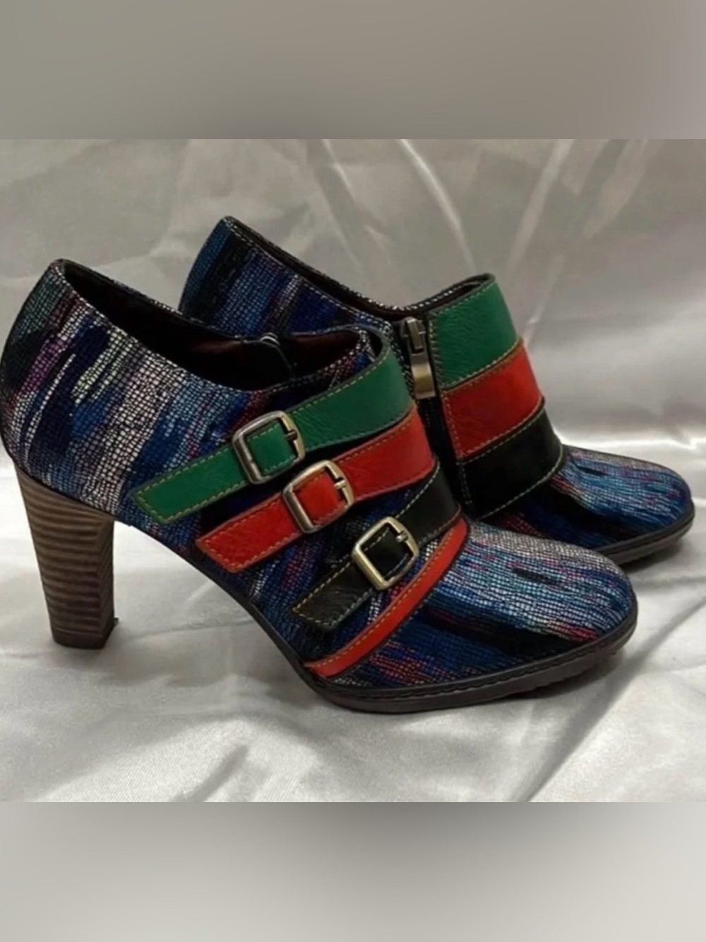 Colorblock Strappy Heeled Ankle Boots - Blue with Green, Red & Black Accents